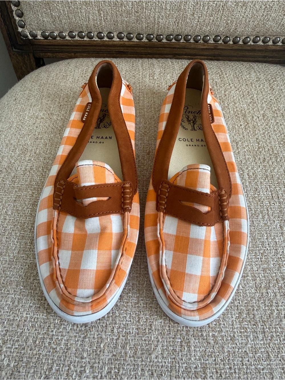 Womens Cole Haan weekender Prep orange and white gingham check loafers in 6.5